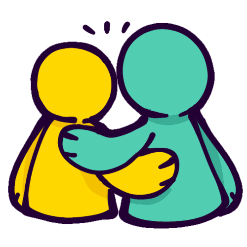 A drawing of two simple humanoid figures side hugging, seen from the back. They each extend an arm around the other’s back. One is yellow and the other is teal. They have pawn shaped bodies with no legs and no detailed features.